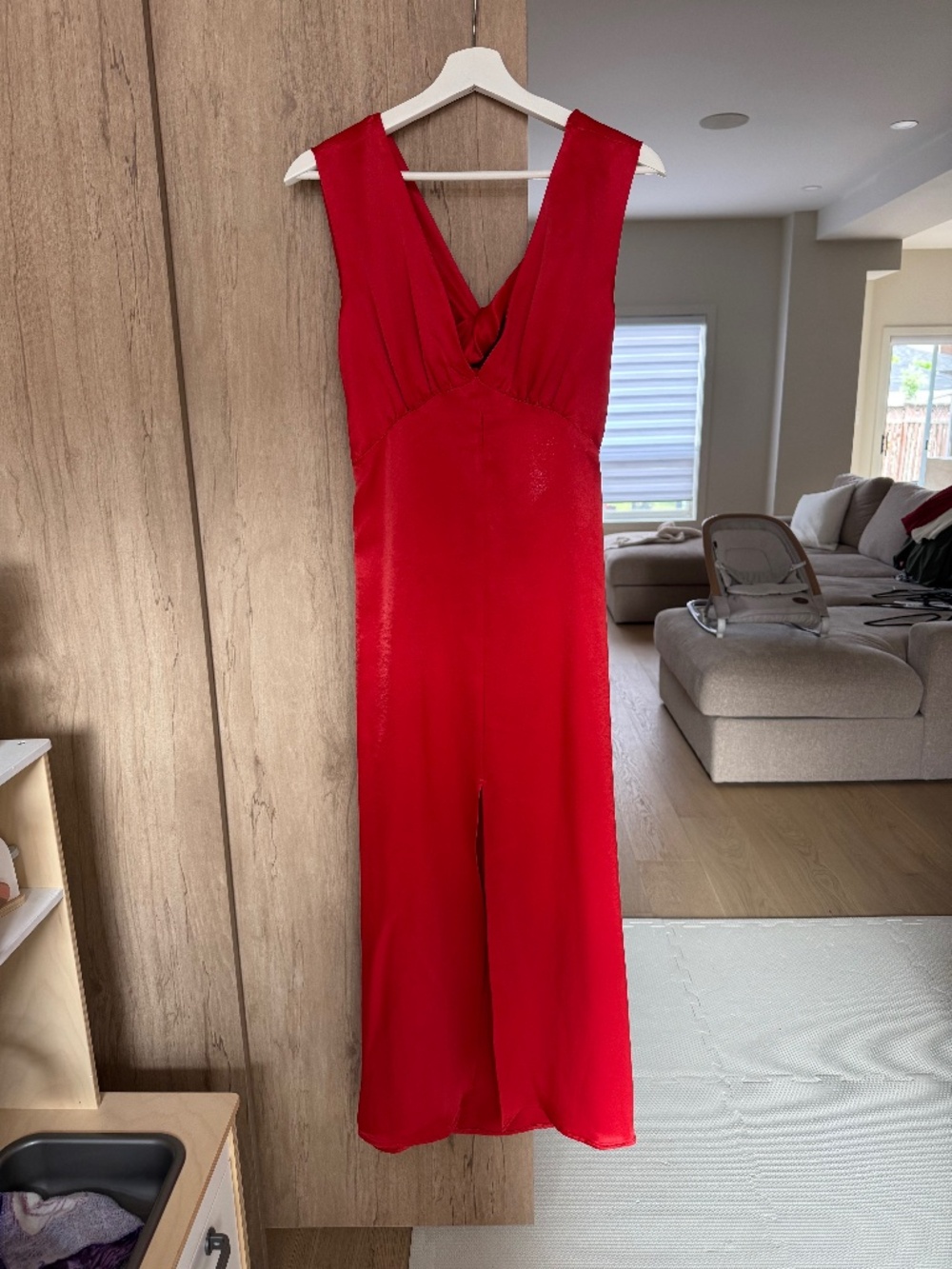 Red Satin midi dress with open back